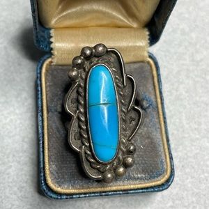 Old Pawn Sleeping Beauty Turquoise Ring Bright Blue Hand Signed